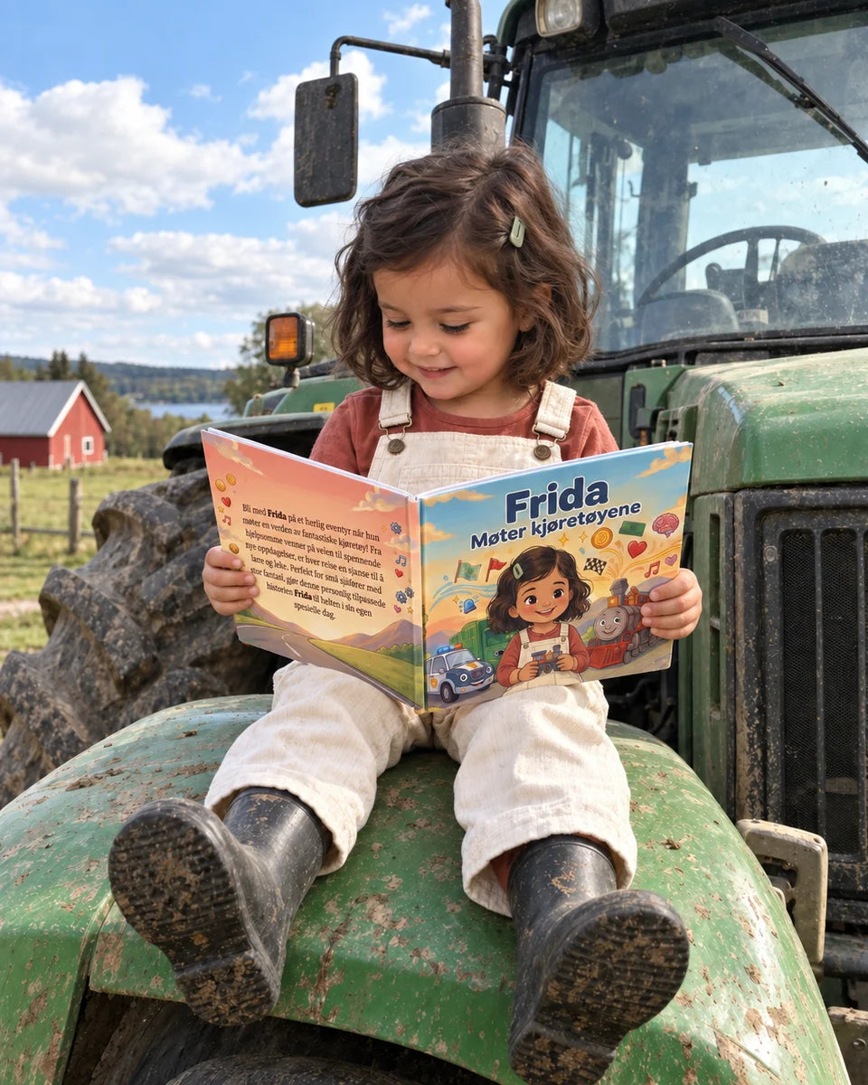 Illustrative photo: Frida reading beside a tractor — rev17.png