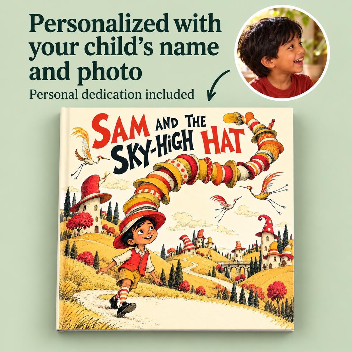 Sam making a towering striped hat in a hat-filled workshop — interior spread from Sam and the Sky-High Hat.