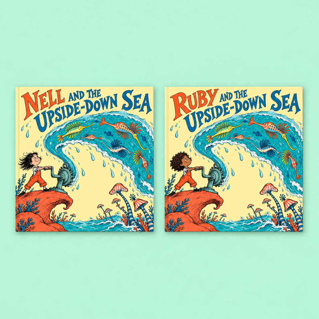 Nell exploring a colorful underwater forest of giant mushrooms — interior spread from Nell and the Upside-Down Sea.