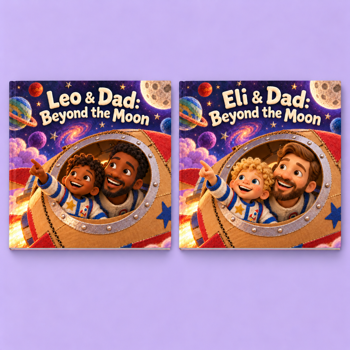 Leo and Dad flying their handmade rocket through a colorful galaxy — interior spread from Leo & Dad: Beyond the Moon.