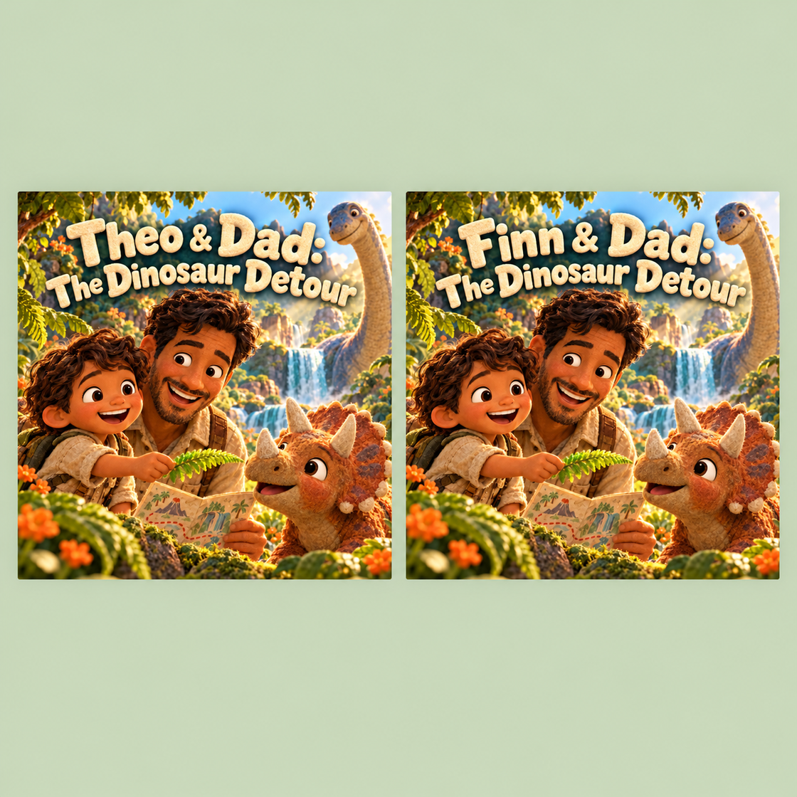 Theo and Dad meeting a baby triceratops among giant ferns — interior spread from Theo & Dad: The Dinosaur Detour.