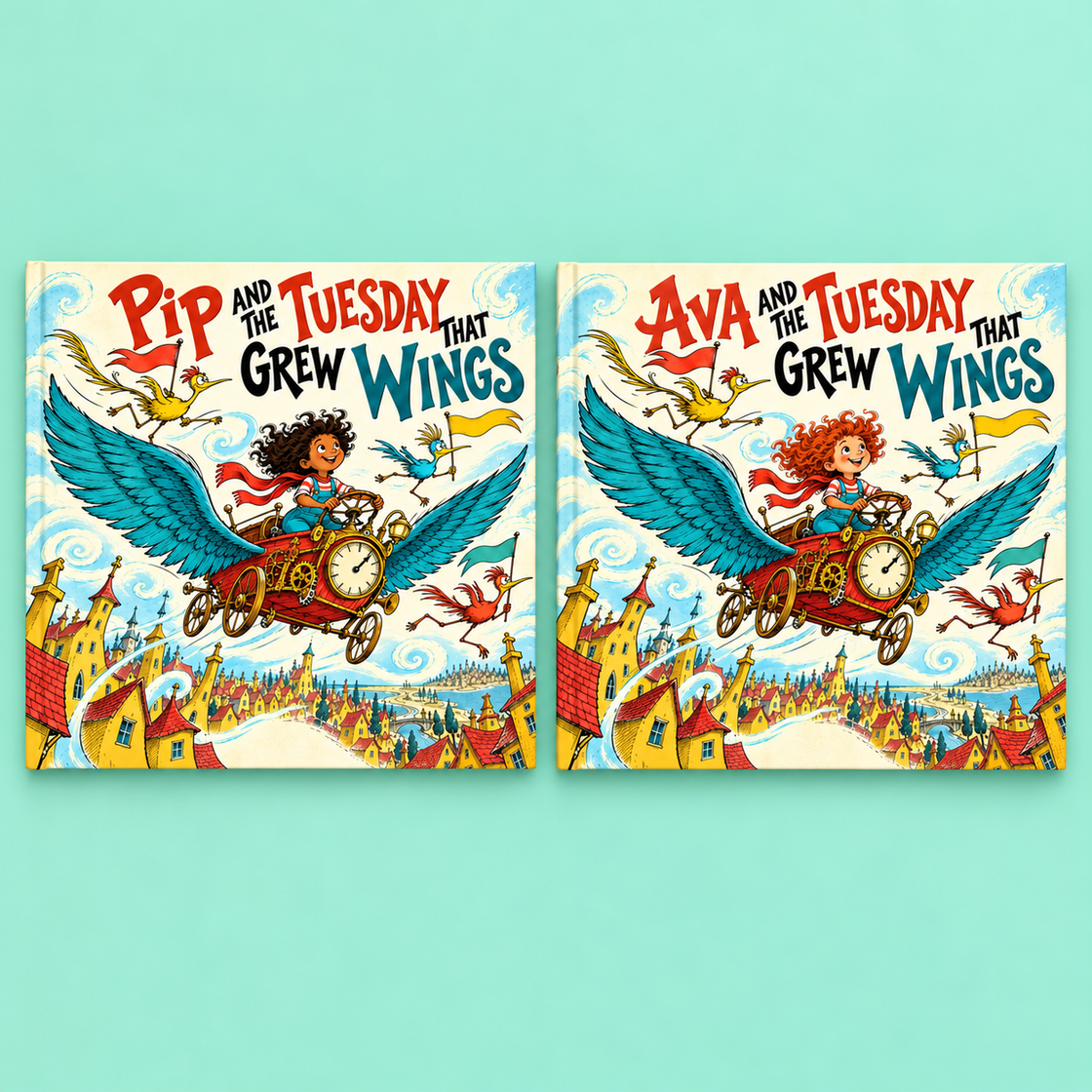 A child and a yellow bird riding a winged clock above the town — interior spread from The Tuesday That Grew Wings.