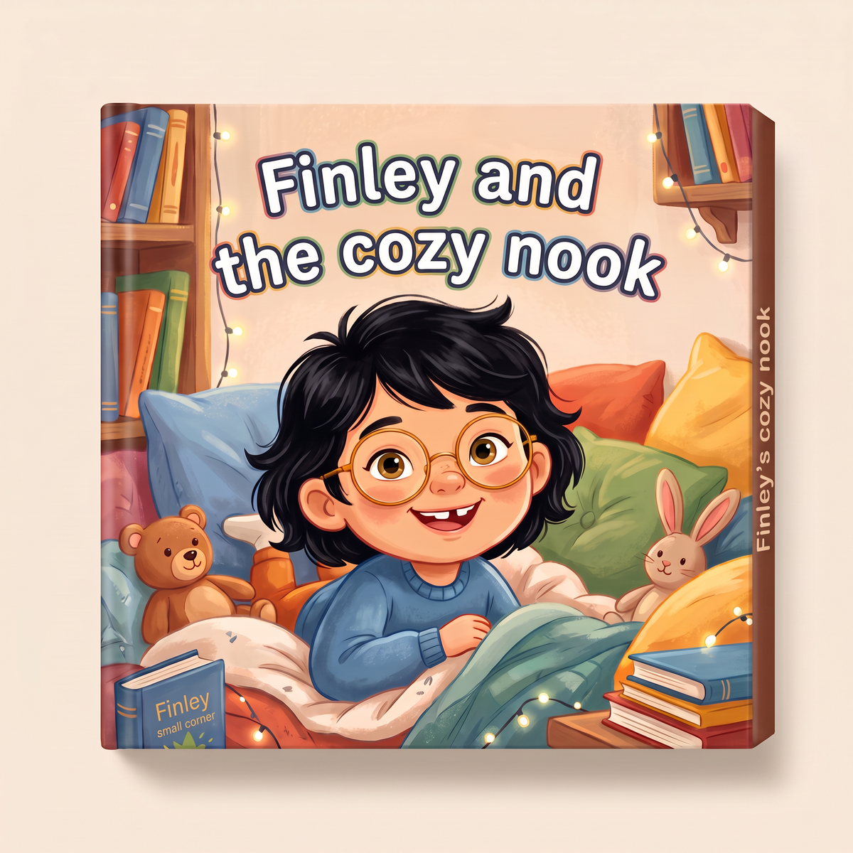 Closed book “Finley and the cozy nook” on a neutral background