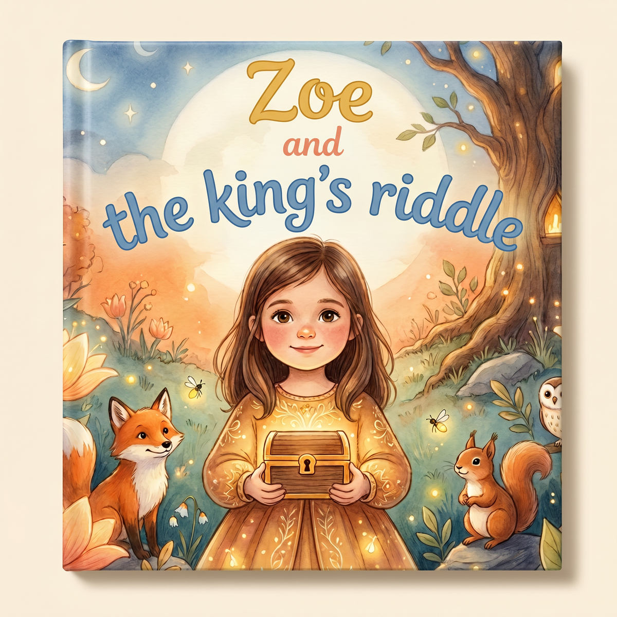 Personalized book “Zoe and the king’s riddle” on a light neutral background