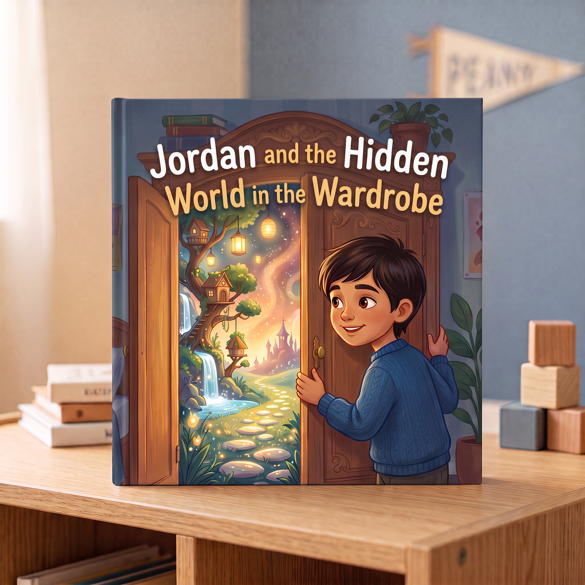 Closed book “Jordan and the Hidden World in the Wardrobe” on a neutral background
