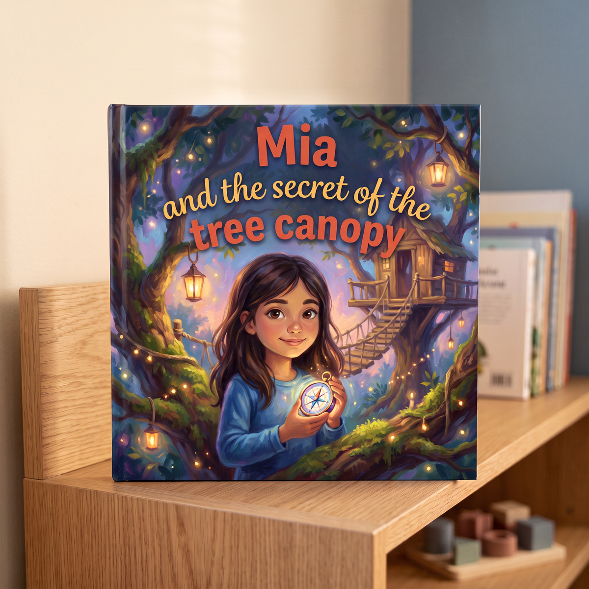 Closed book “Mia and the secret in the treetop” on a neutral background
