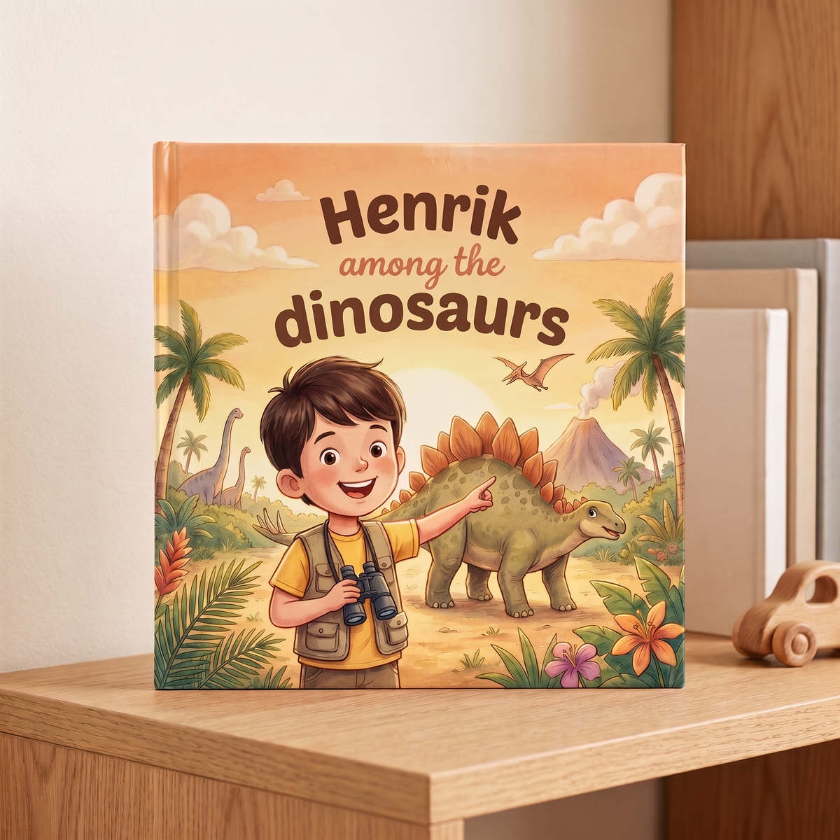 Closed book “Henrik among the dinosaurs” on a neutral background