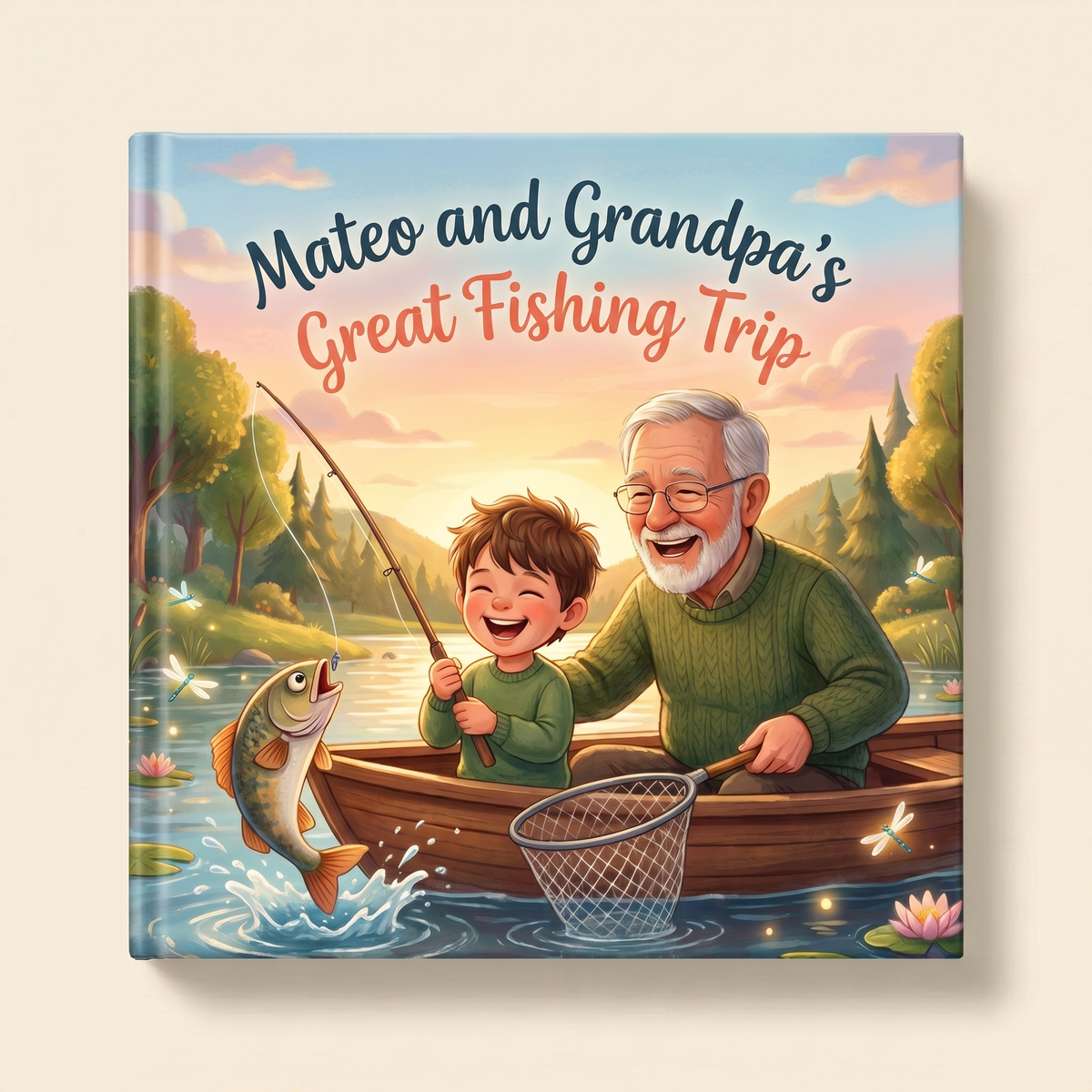 Closed book “Mateo and Grandpa’s Great Fishing Trip” on a neutral background