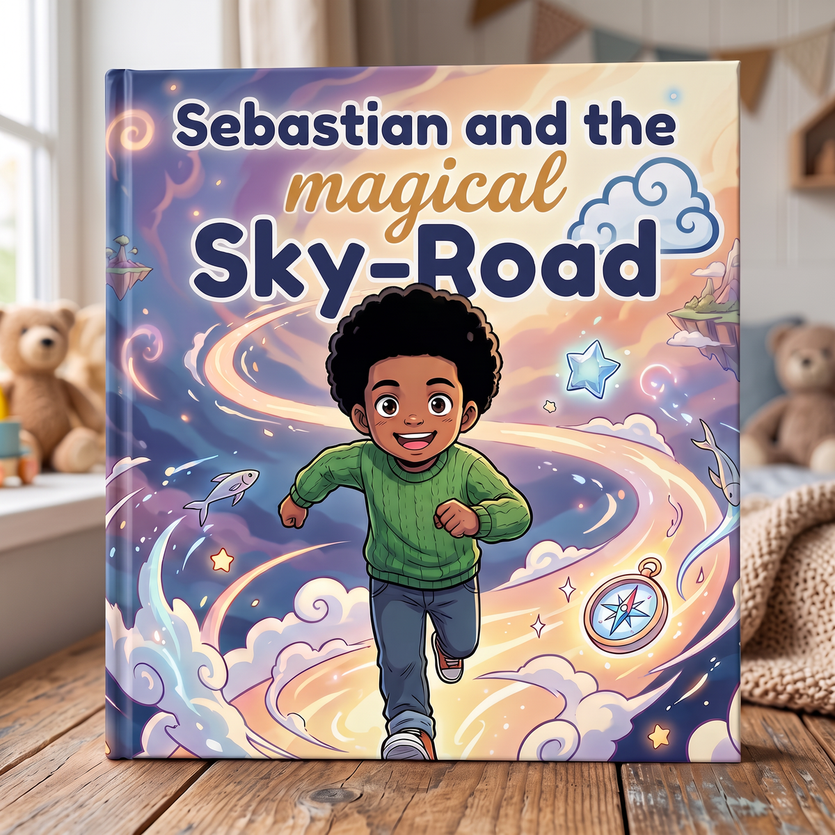 Closed book “Sebastian and the magical sky-road” on a neutral background