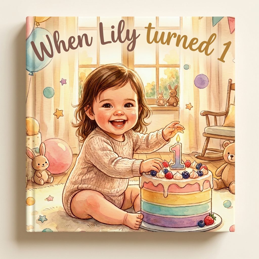 Closed book “When Lily turned 1” on a neutral background