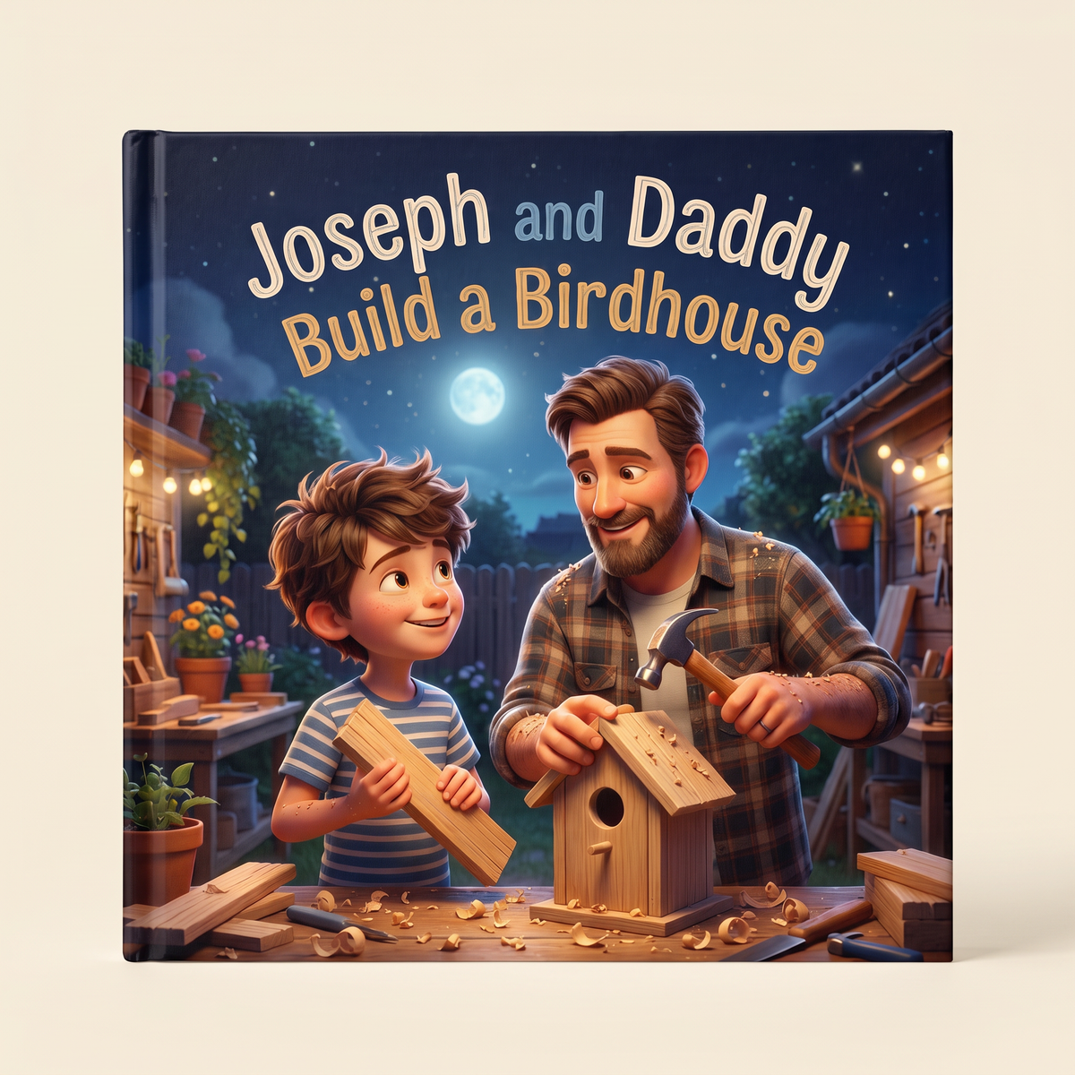 Closed book “Joseph and Daddy Build a Birdhouse” on a neutral background