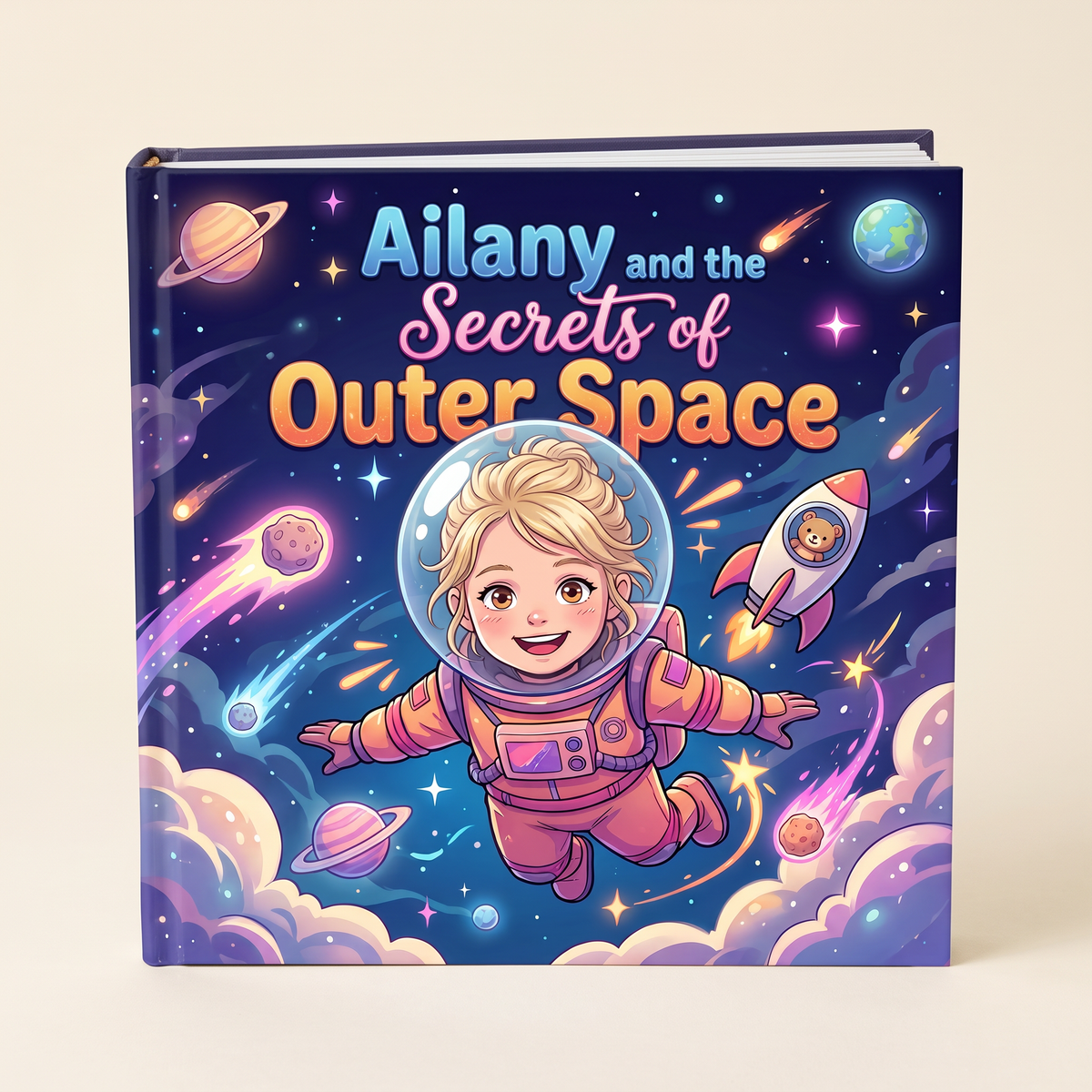 Closed book “Ailany and the Secrets of Outer Space” on a neutral background