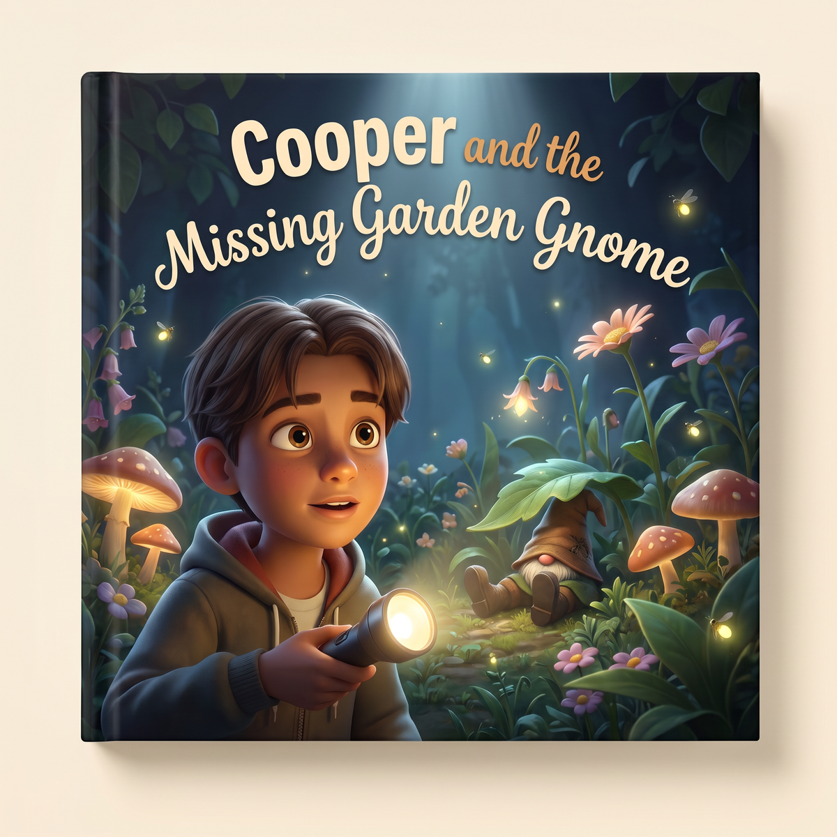 Closed book “Cooper and the Missing Garden Gnome” on a neutral background