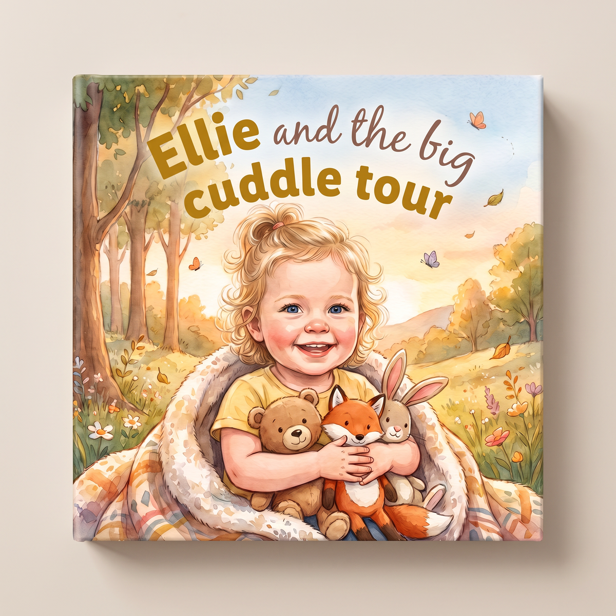 Closed-book mockup of “Ellie and the Big Cuddle Tour” on a light neutral background