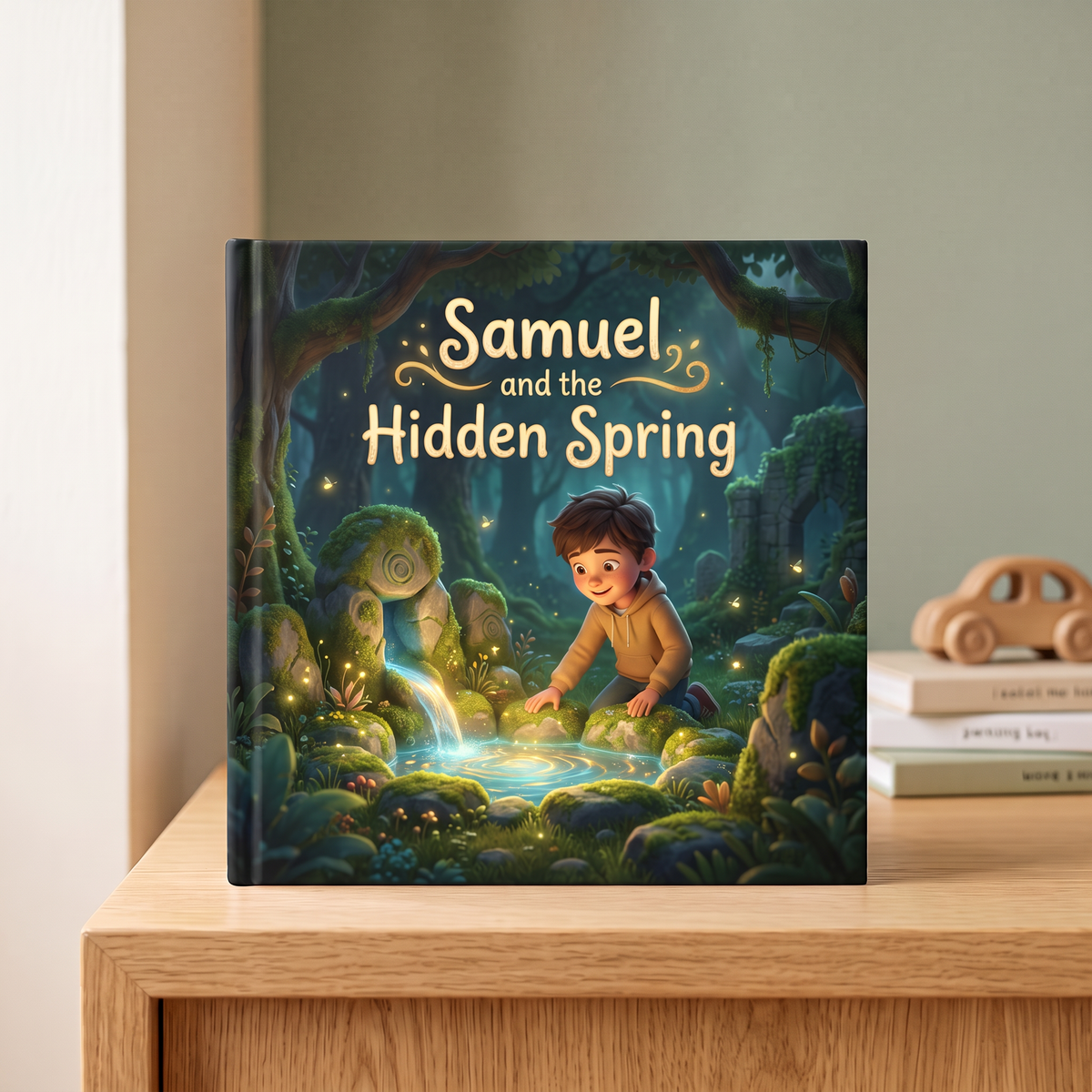 Closed book “Samuel, and the Hidden Spring” on a neutral background
