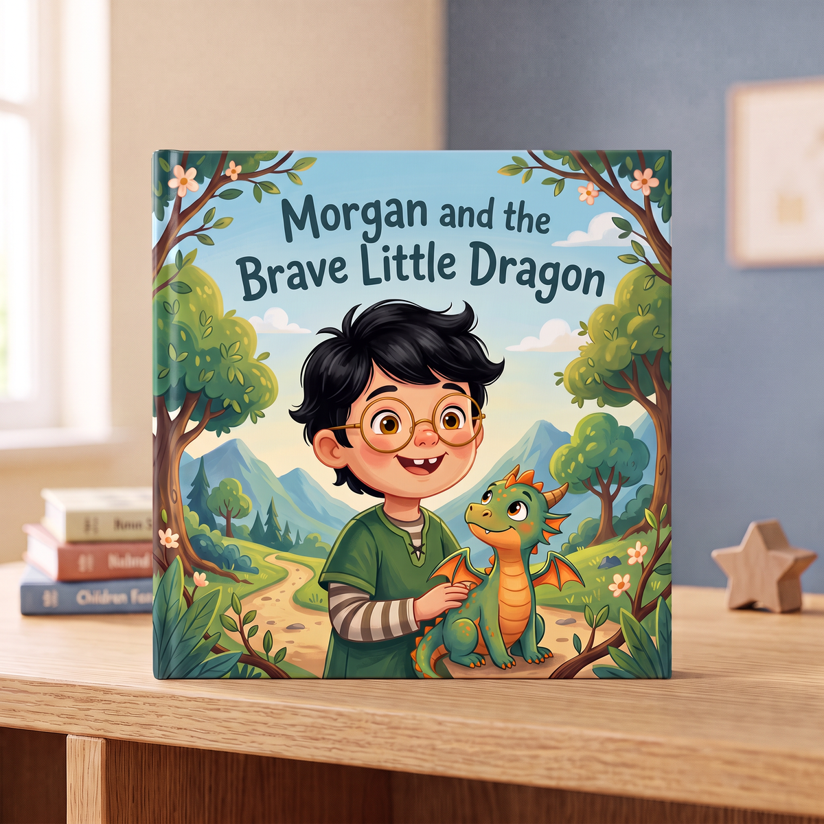 Closed book “Morgan and the Brave Little Dragon” on a neutral background