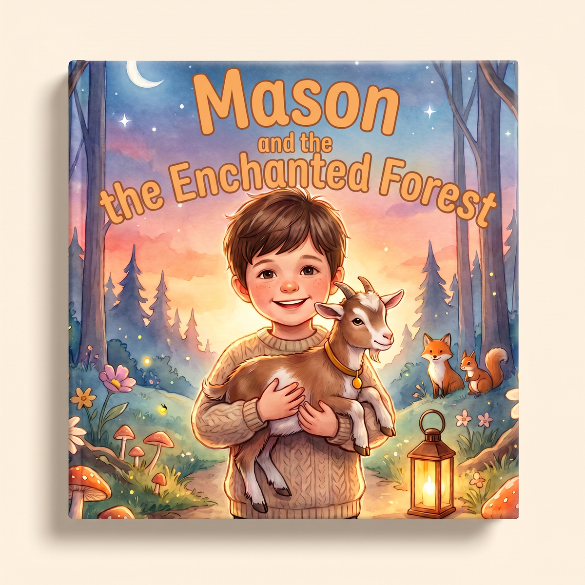 Personalized book “Mason and the Enchanted Forest” on a light neutral background