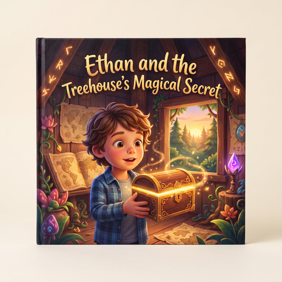 Closed book “Ethan and the Treehouse’s Magical Secret” on a neutral background