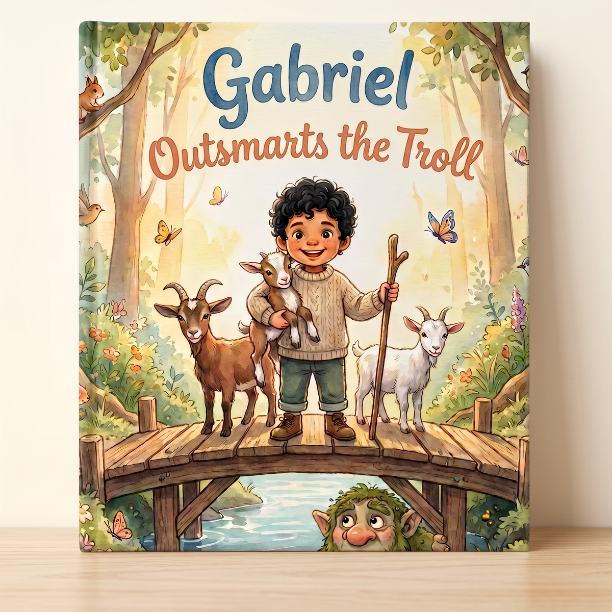 Personalized book “Gabriel Outsmarts the Troll” on a light neutral background
