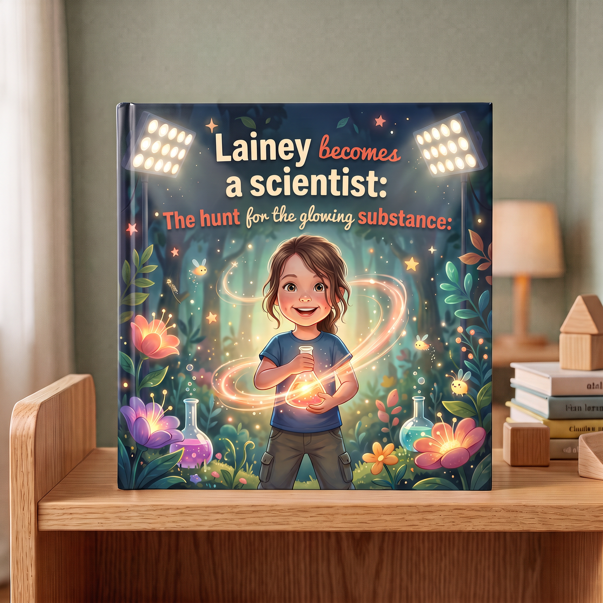 Closed book “Lainey becomes a scientist: The hunt for the glowing substance:” on a neutral background