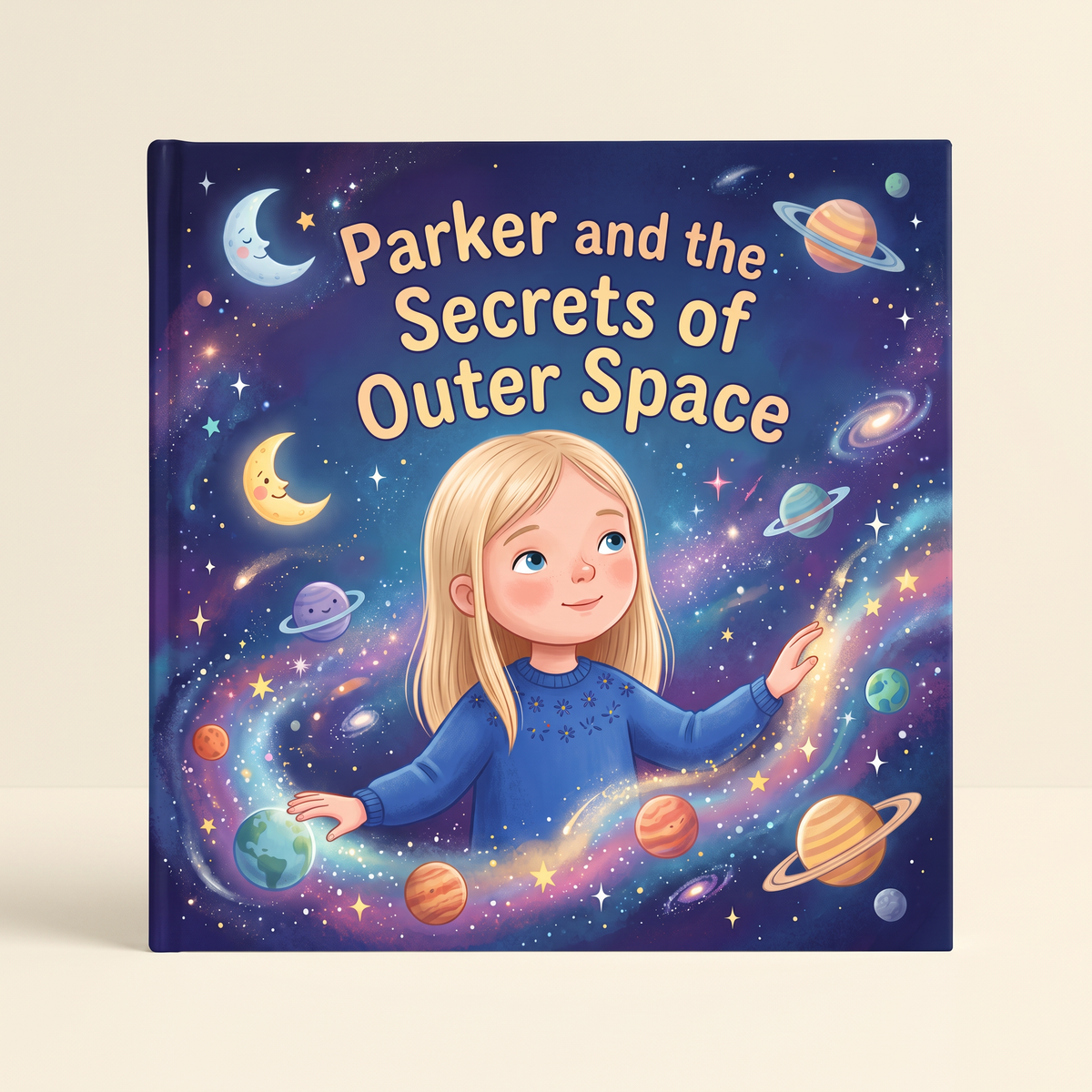 Closed book “Parker and the Secrets of Outer Space” on a neutral background