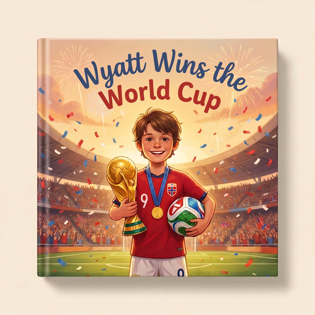 Personalized book “Wyatt Wins the World Cup” on a light neutral background