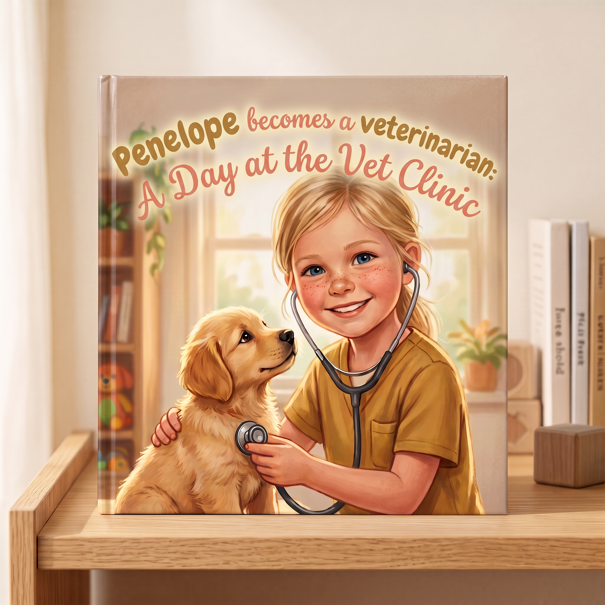 Closed book “Penelope Becomes a Veterinarian: A Day at the Vet Clinic” on a neutral background