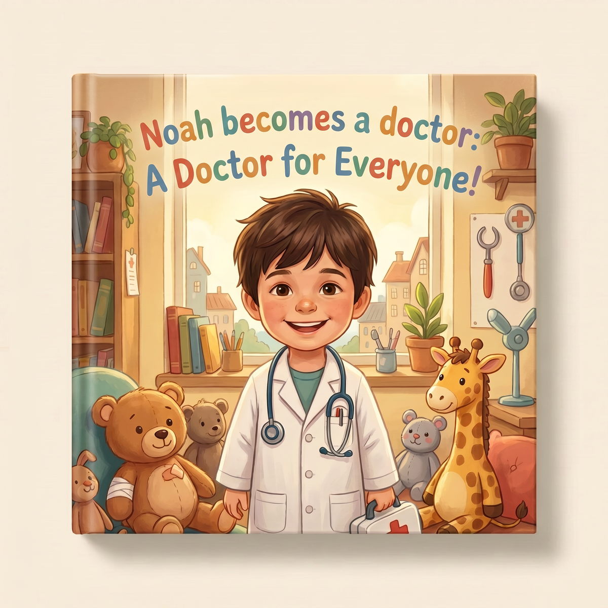 Personalized book “Noah becomes a doctor: A Doctor for Everyone!” on a light neutral background