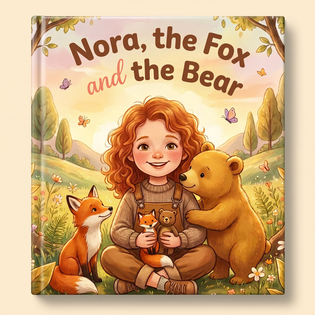 Personalized book “Nora, the Fox and the Bear” on a light neutral background