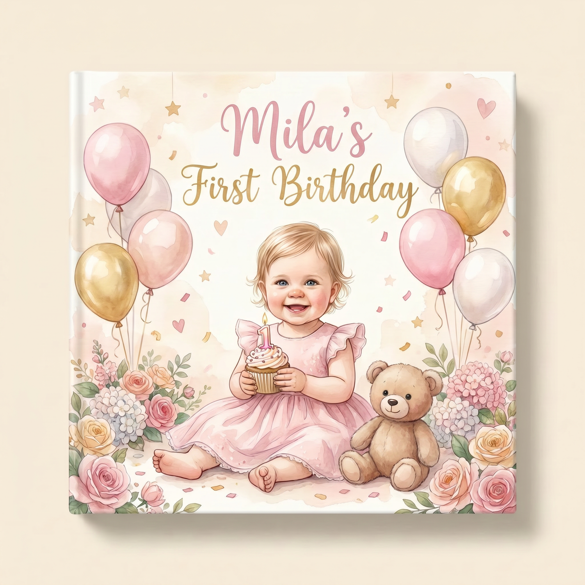 Closed book “Mila’s First Birthday” on a neutral background