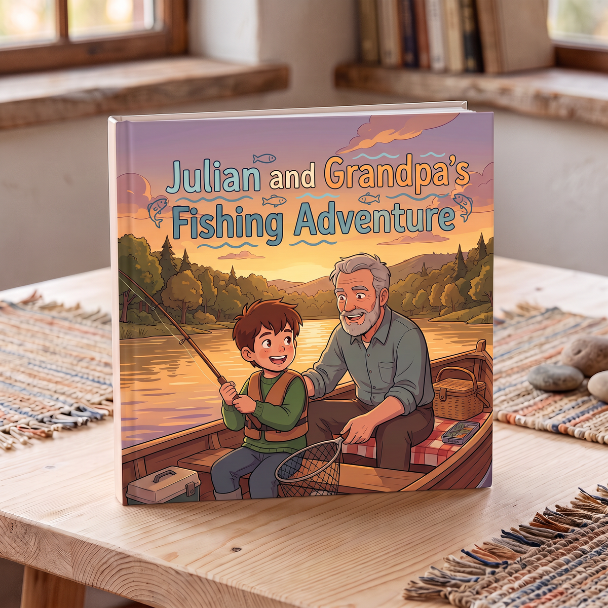 Closed book “Julian and Grandpa's Fishing Adventure” on a neutral background