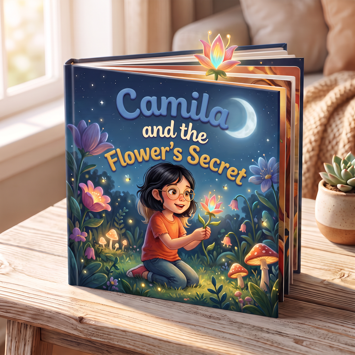 Closed book “Camila and the Flower's Secret” on a neutral background