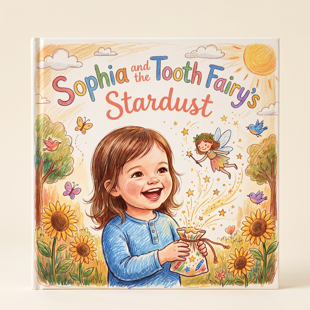Closed book “Sophia and the Tooth Fairy’s Stardust” on a neutral background