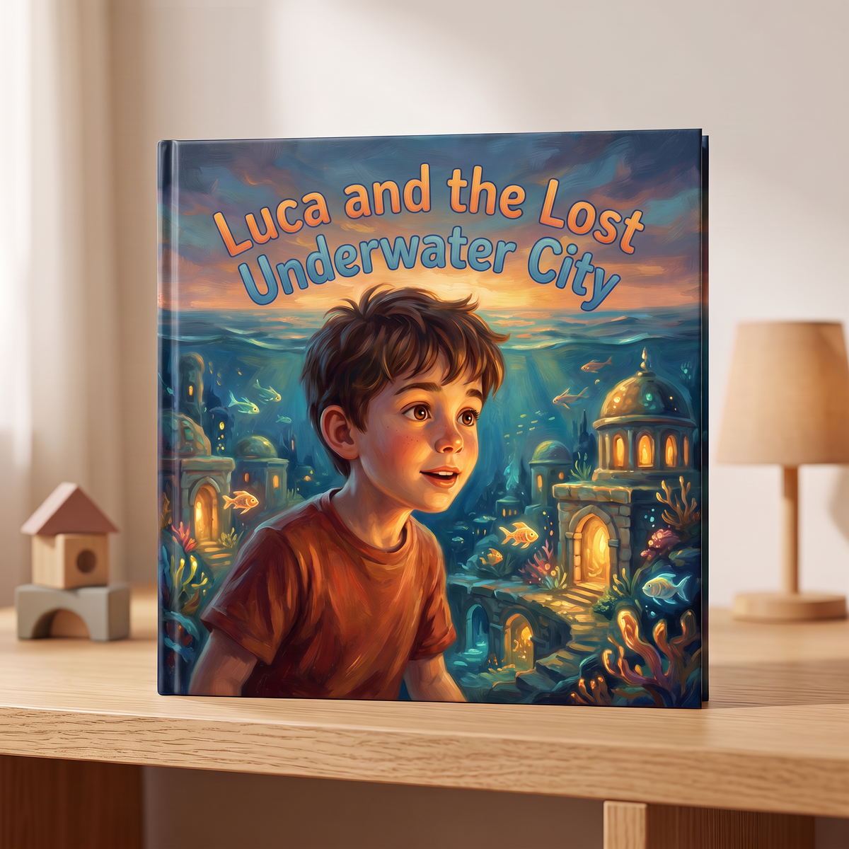 Closed book “Luca and the Lost Underwater City” on a neutral background