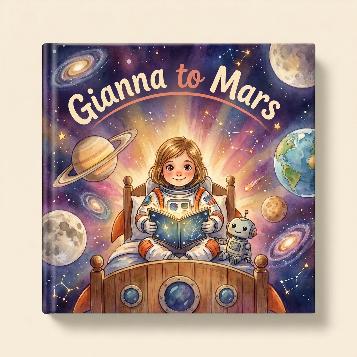 Personalized book “Gianna to Mars” on a light neutral background
