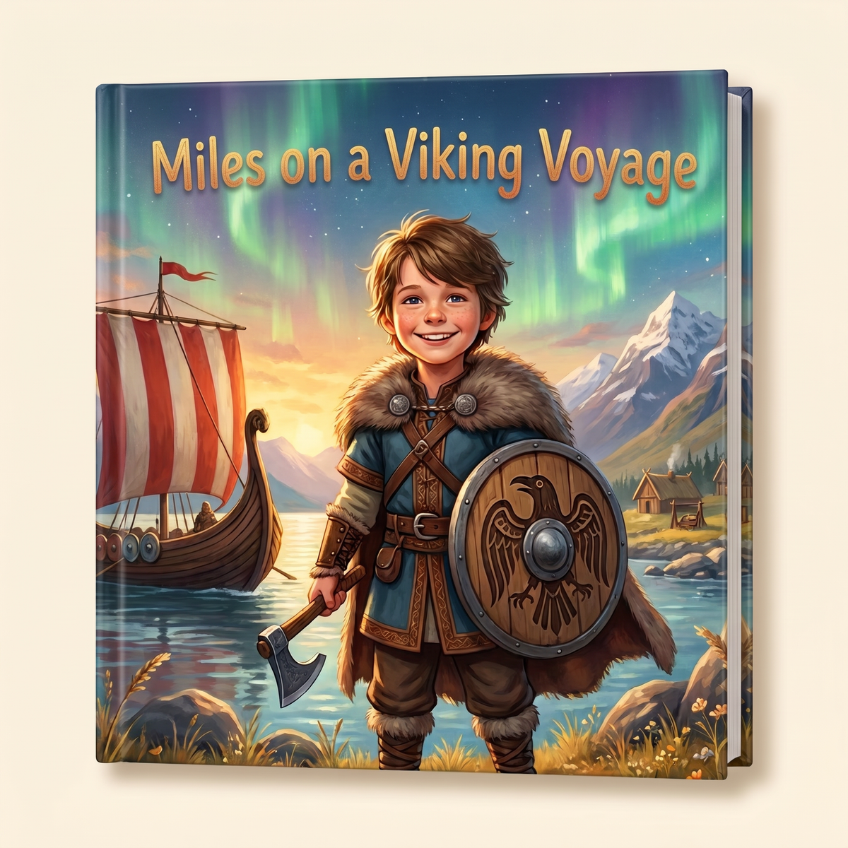 Personalized book “Miles on a Viking Voyage” on a light neutral background