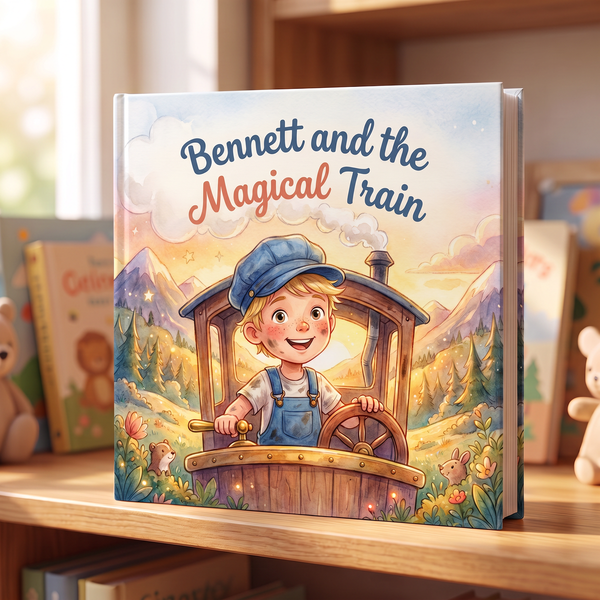 Closed book “Bennett and the Magical Train” on a neutral background