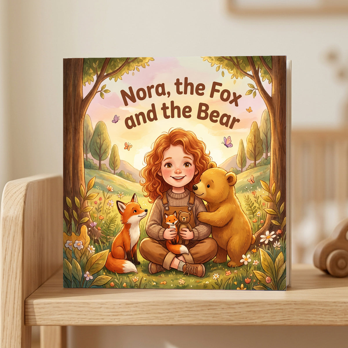 Closed front cover of “Nora, the Fox and the Bear” on a wooden shelf in a calm room.