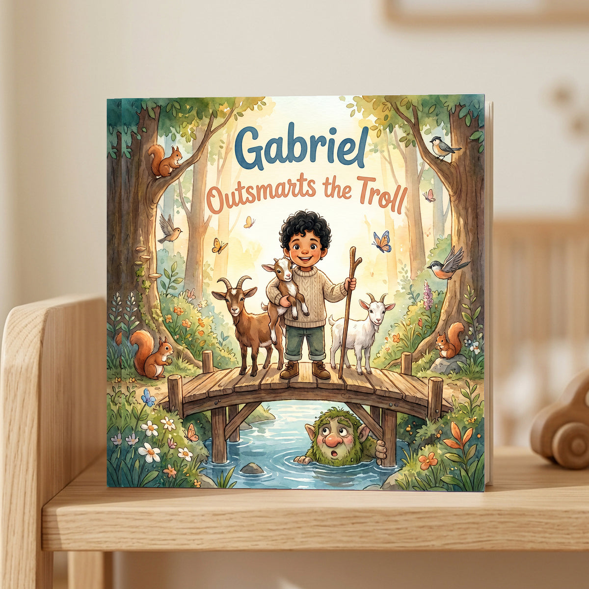 Closed front cover of “Gabriel Outsmarts the Troll” on a wooden shelf in a calm room.
