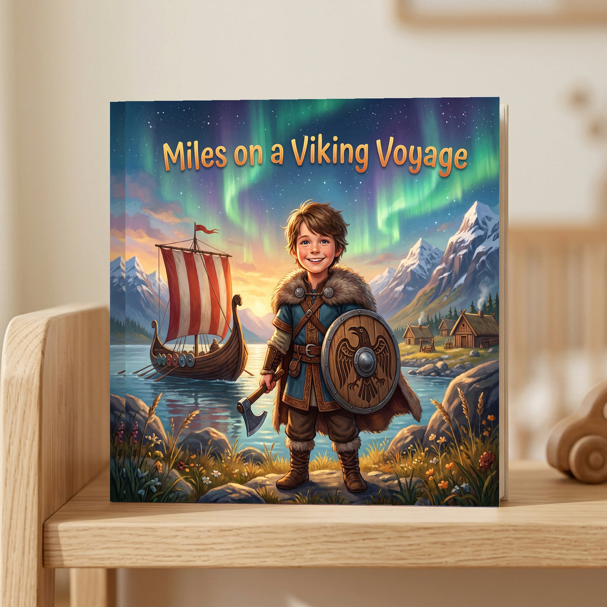 Closed front cover of “Miles on a Viking Voyage” on a wooden shelf in a calm room.