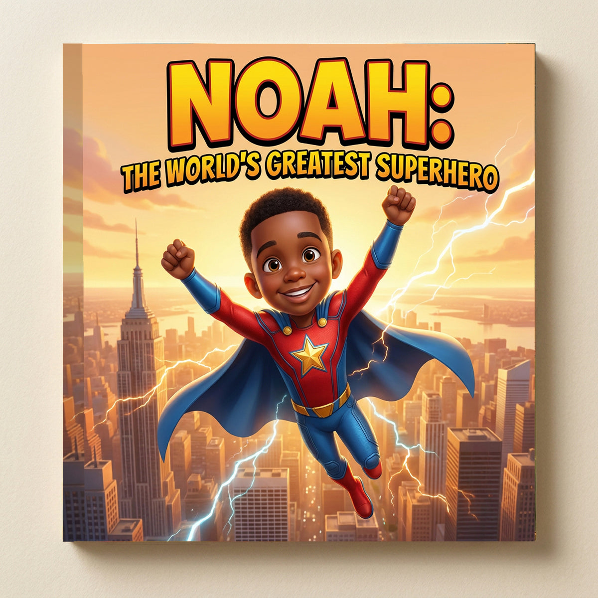 Closed front cover of “NOAH THE WORLD’S GREATEST SUPERHERO” on a neutral cream background.