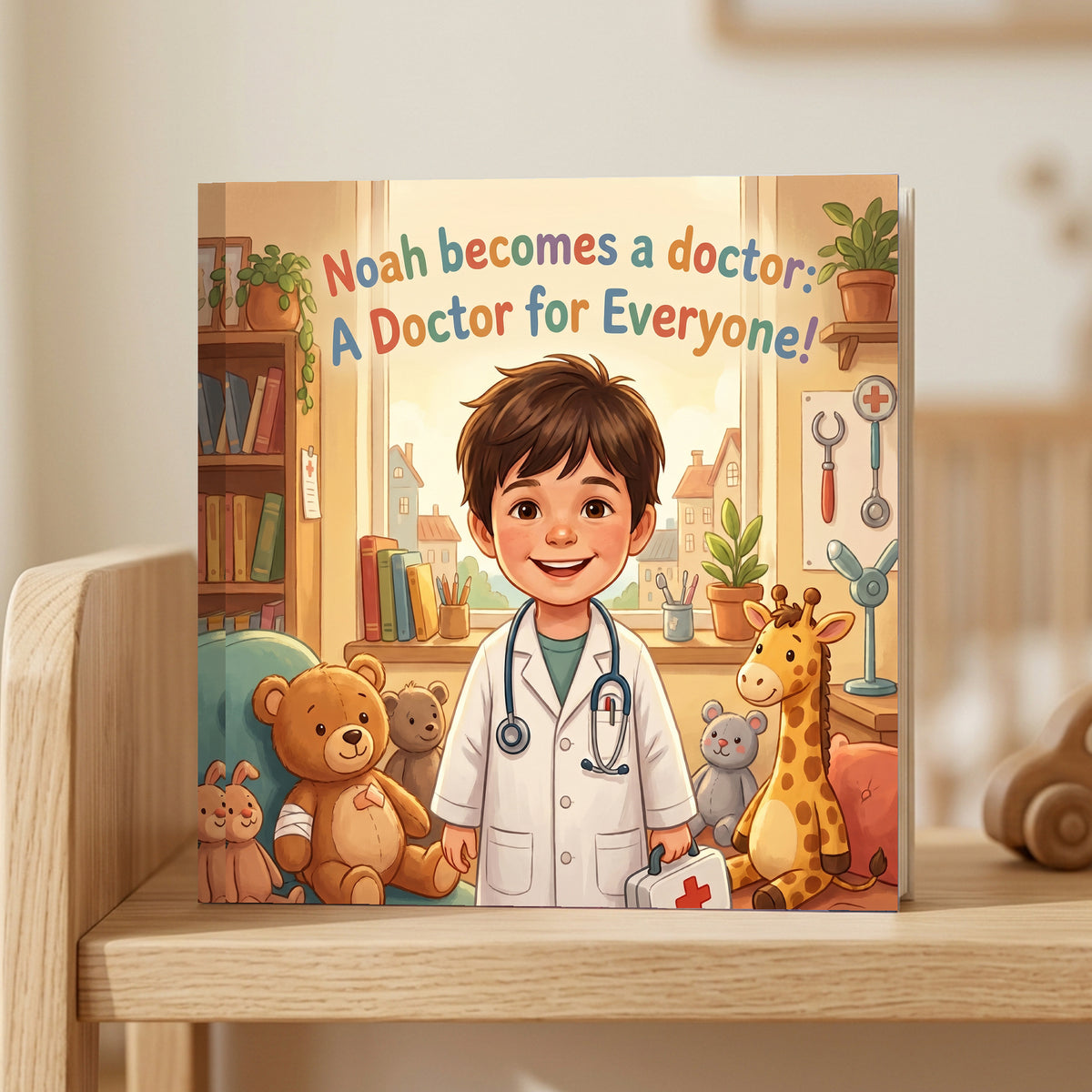 Closed front cover of “Noah becomes a doctor: A Doctor for Everyone!” on a wooden shelf in a calm room.
