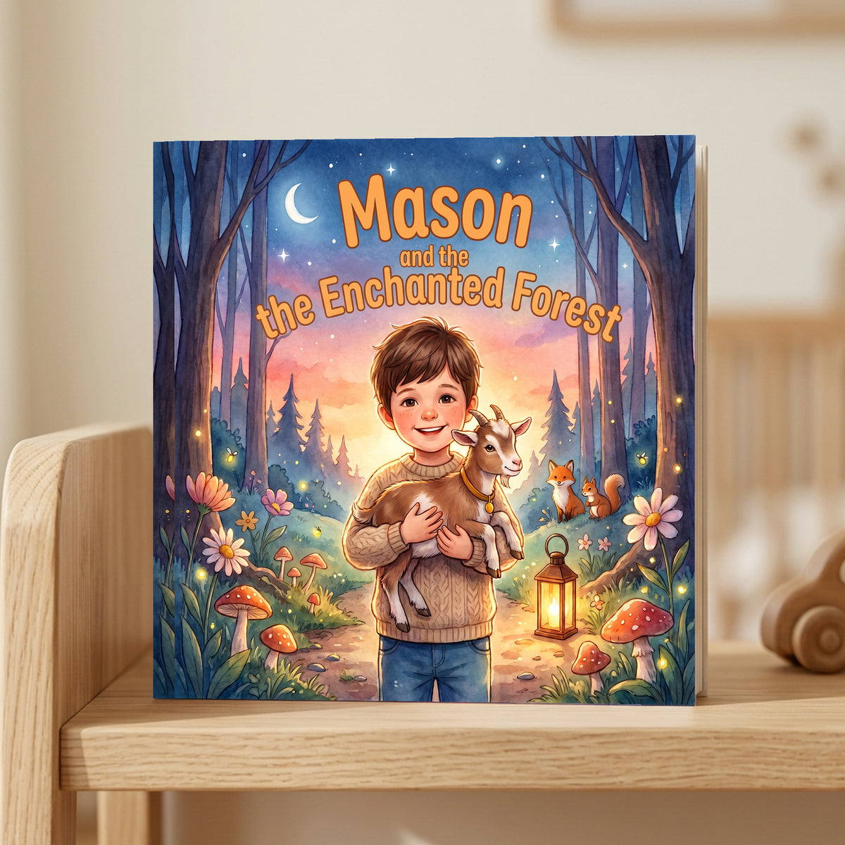 Closed front cover of “Mason and the Enchanted Forest” on a wooden shelf in a calm room.
