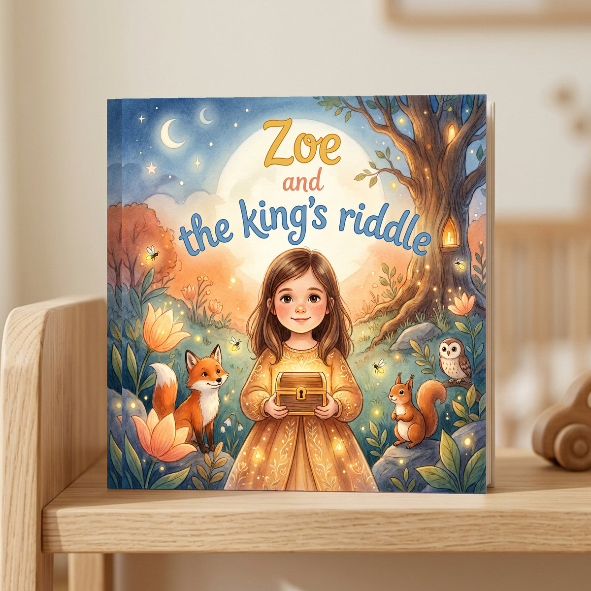 Closed front cover of “Zoe and the king’s riddle” on a wooden shelf in a calm room.