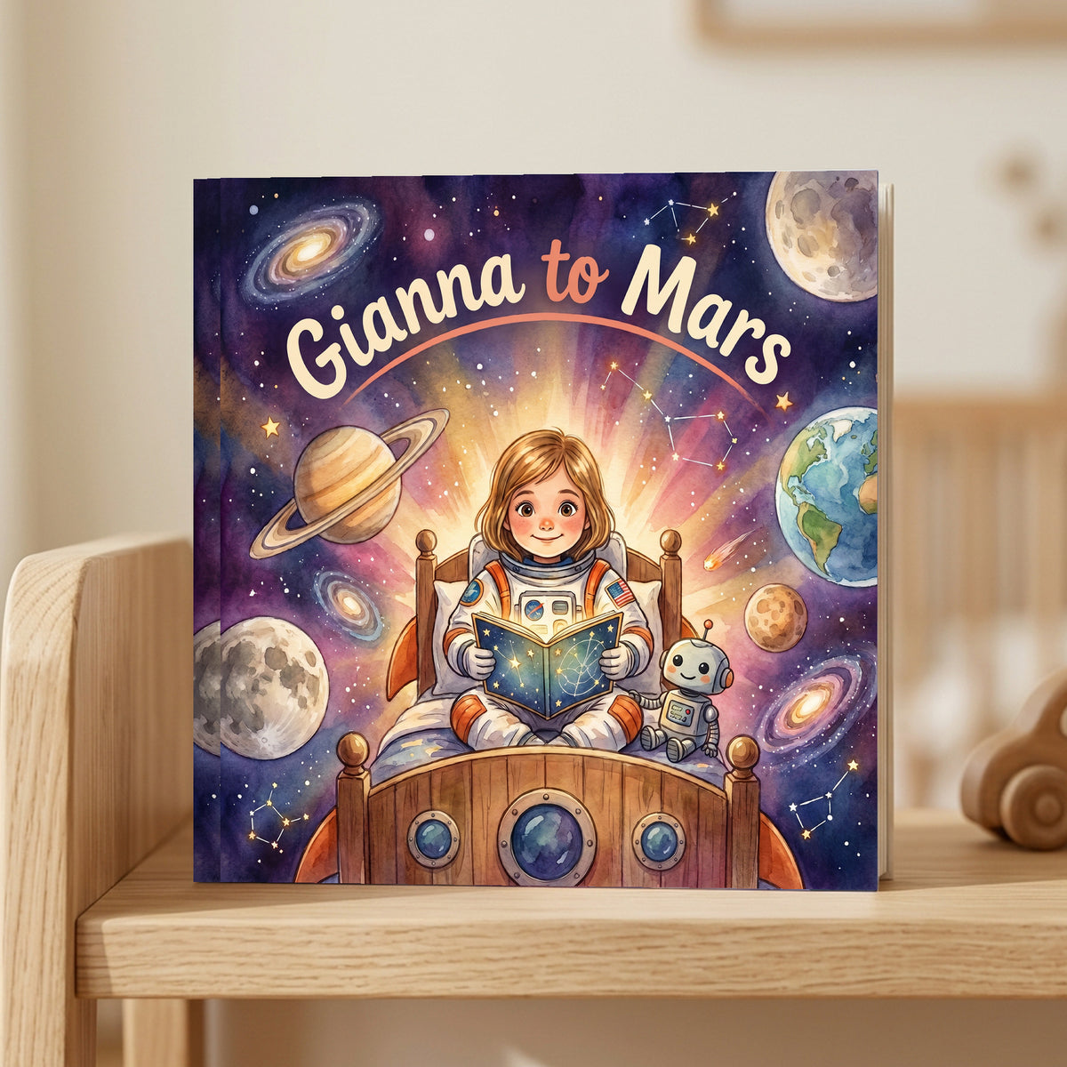 Closed front cover of “Gianna to Mars” on a wooden shelf in a calm room.