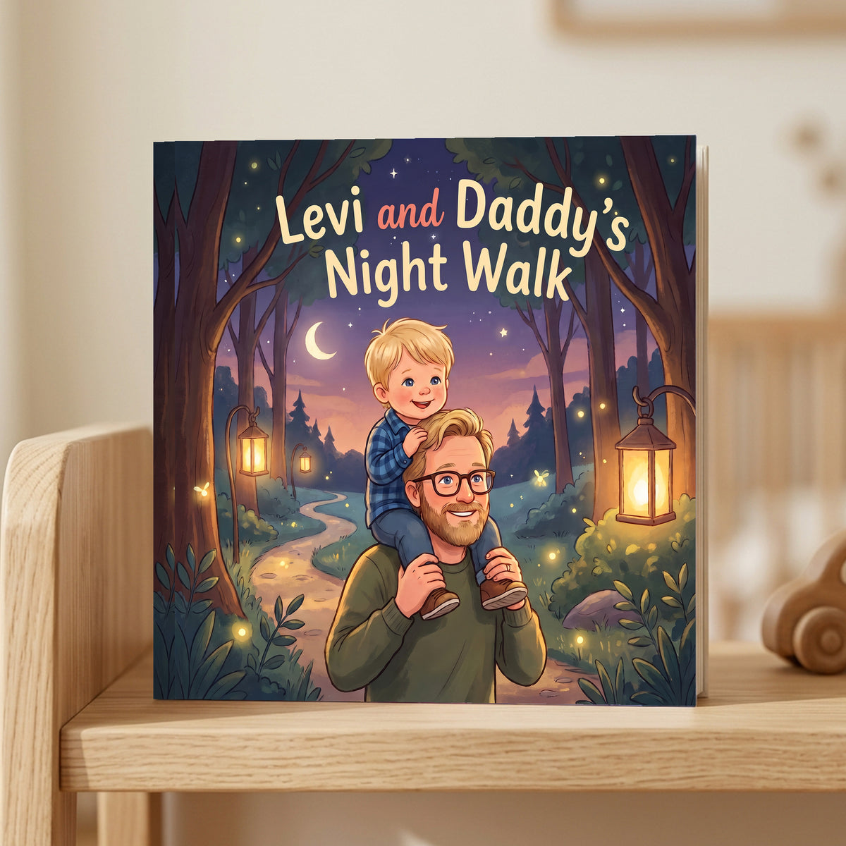 Closed front cover of “Levi and Daddy’s Night Walk” on a wooden shelf in a calm room.