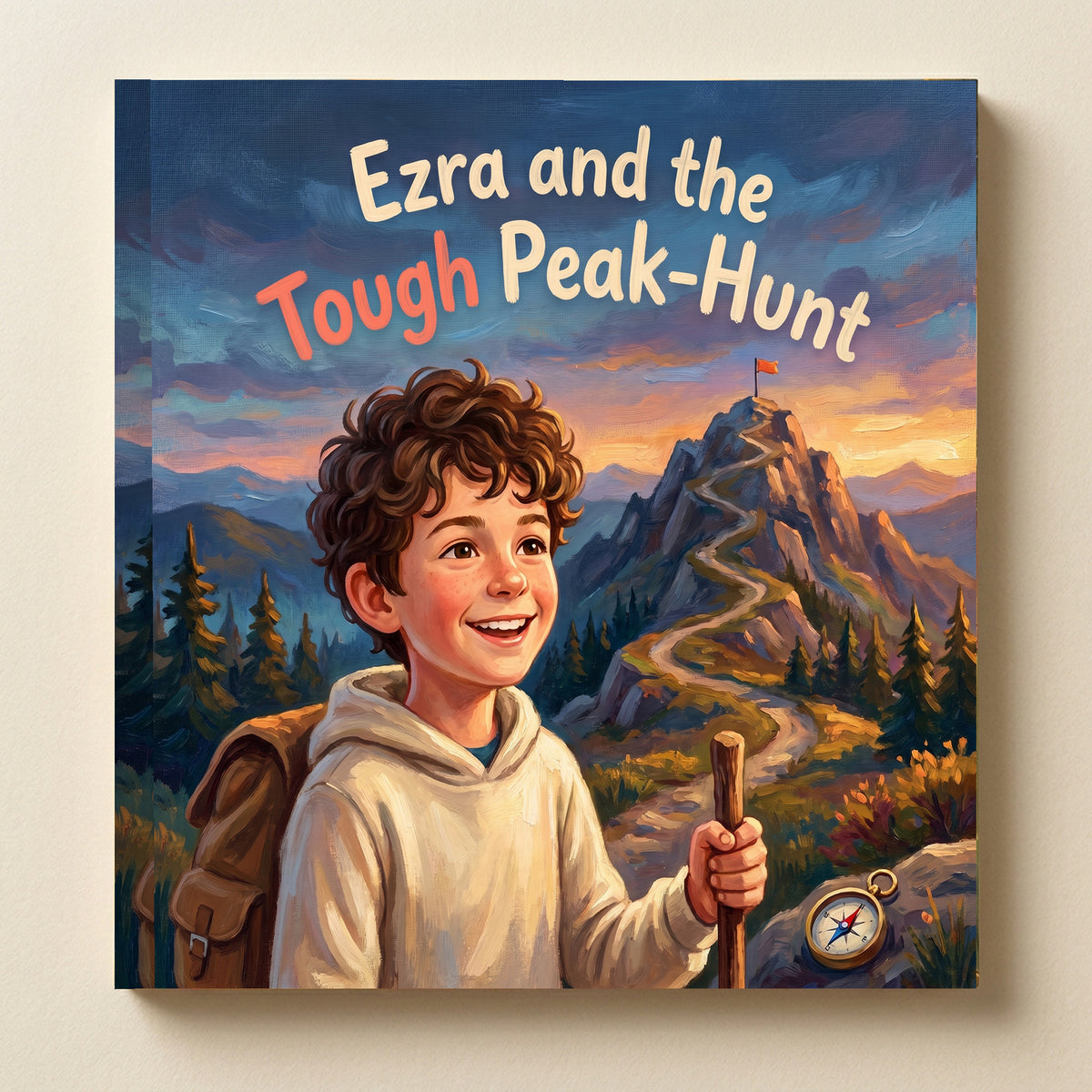 Closed front cover of “Ezra and the Tough Peak-Hunt” on a neutral cream background.