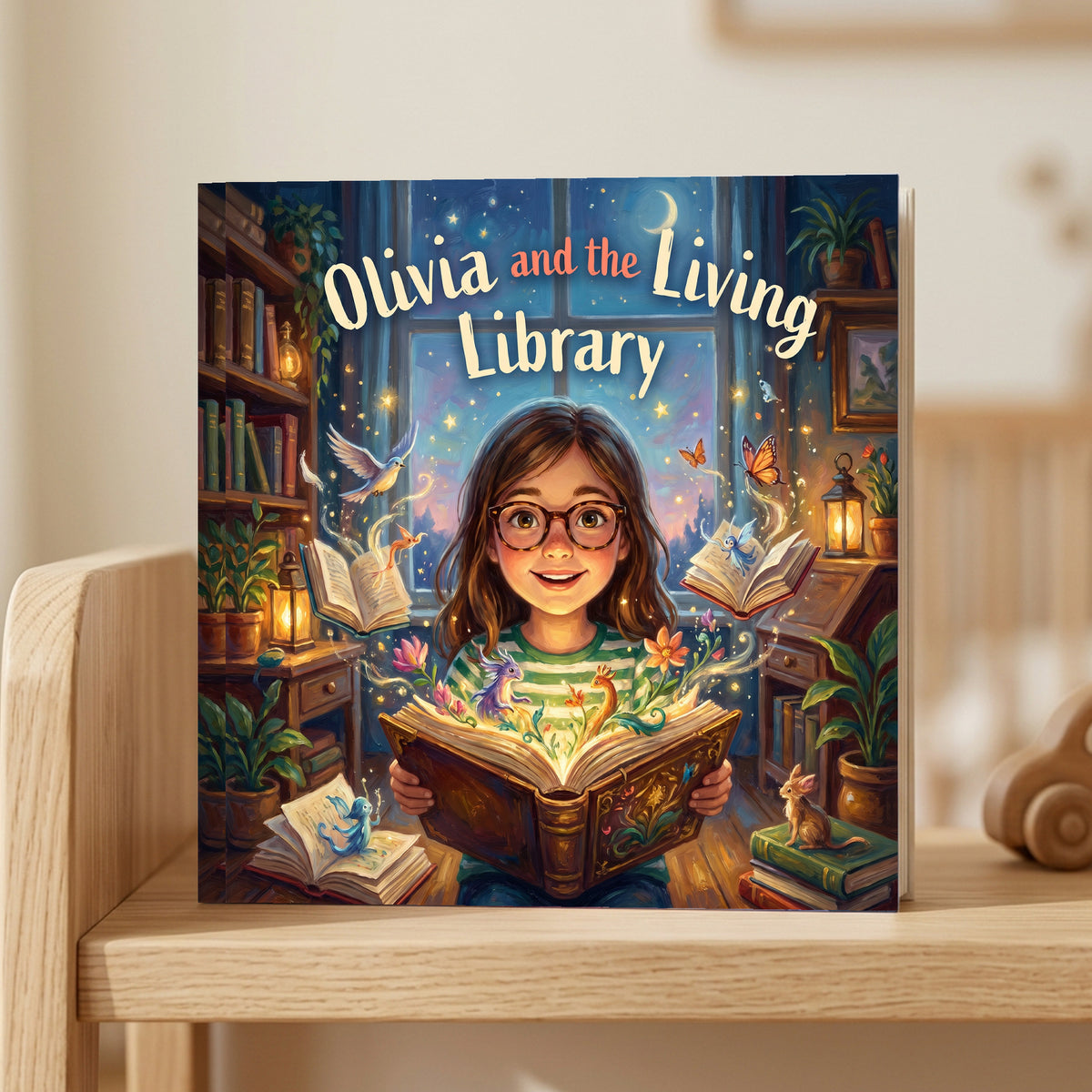 Closed front cover of “Olivia and the Living Library” on a wooden shelf in a calm room.