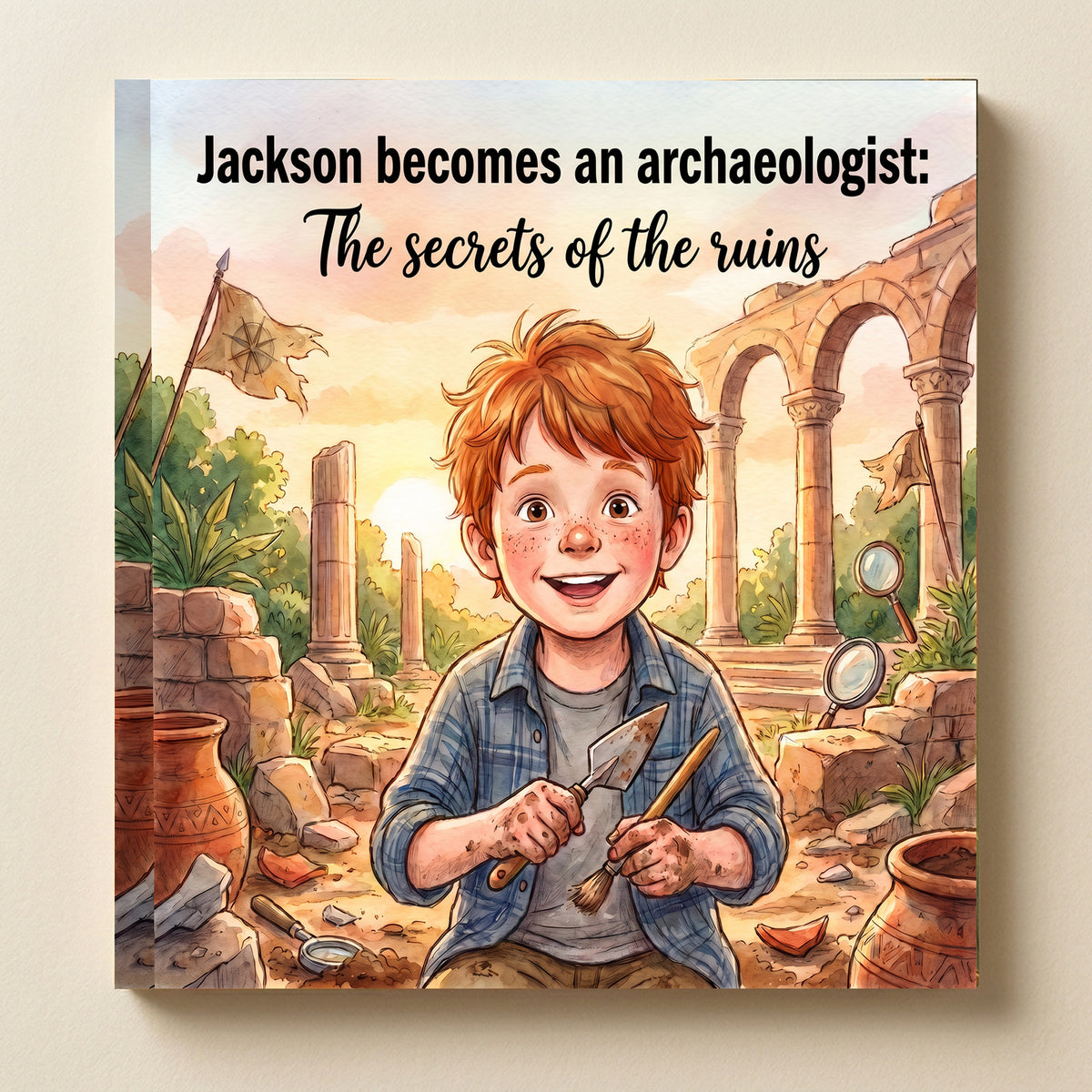 Closed front cover of “Jackson becomes an archaeologist: The secrets of the ruins” on a neutral cream background.