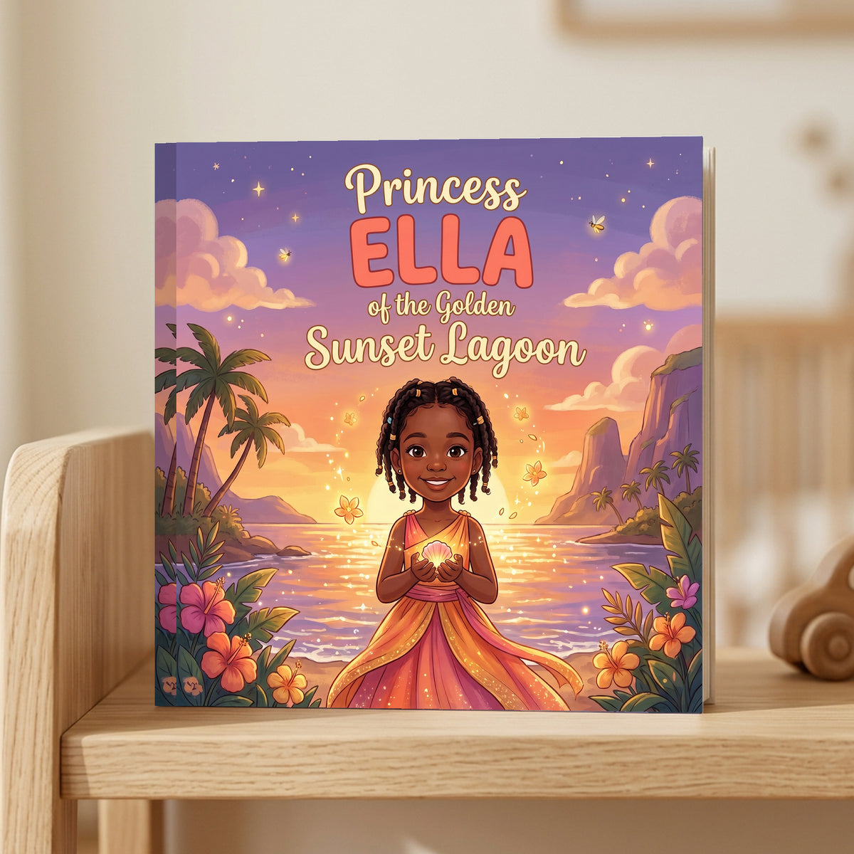 Closed front cover of “Princess ELLA of the Golden Sunset Lagoon” on a wooden shelf in a calm room.